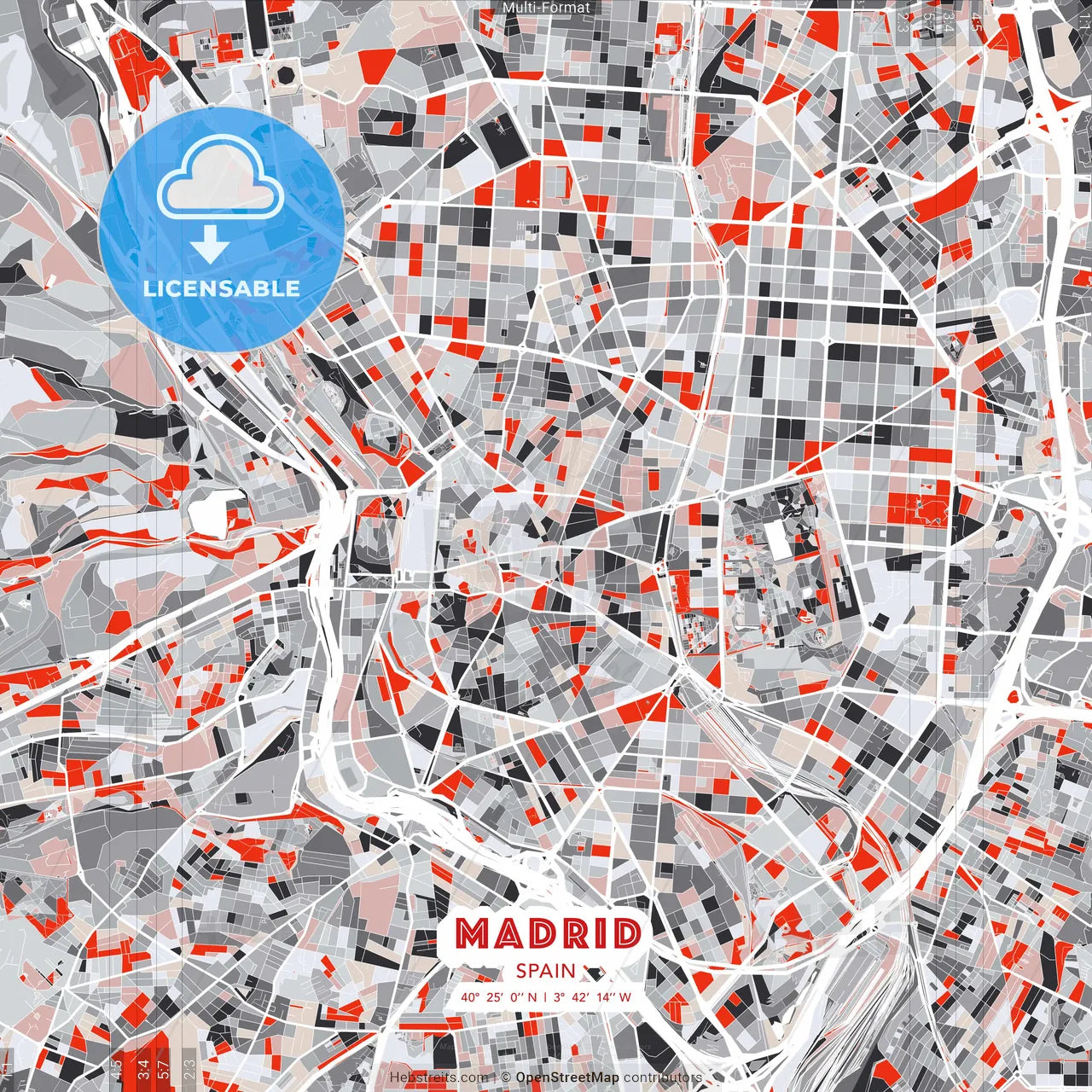Madrid, Spain - modern street map poster template with gray and red tones