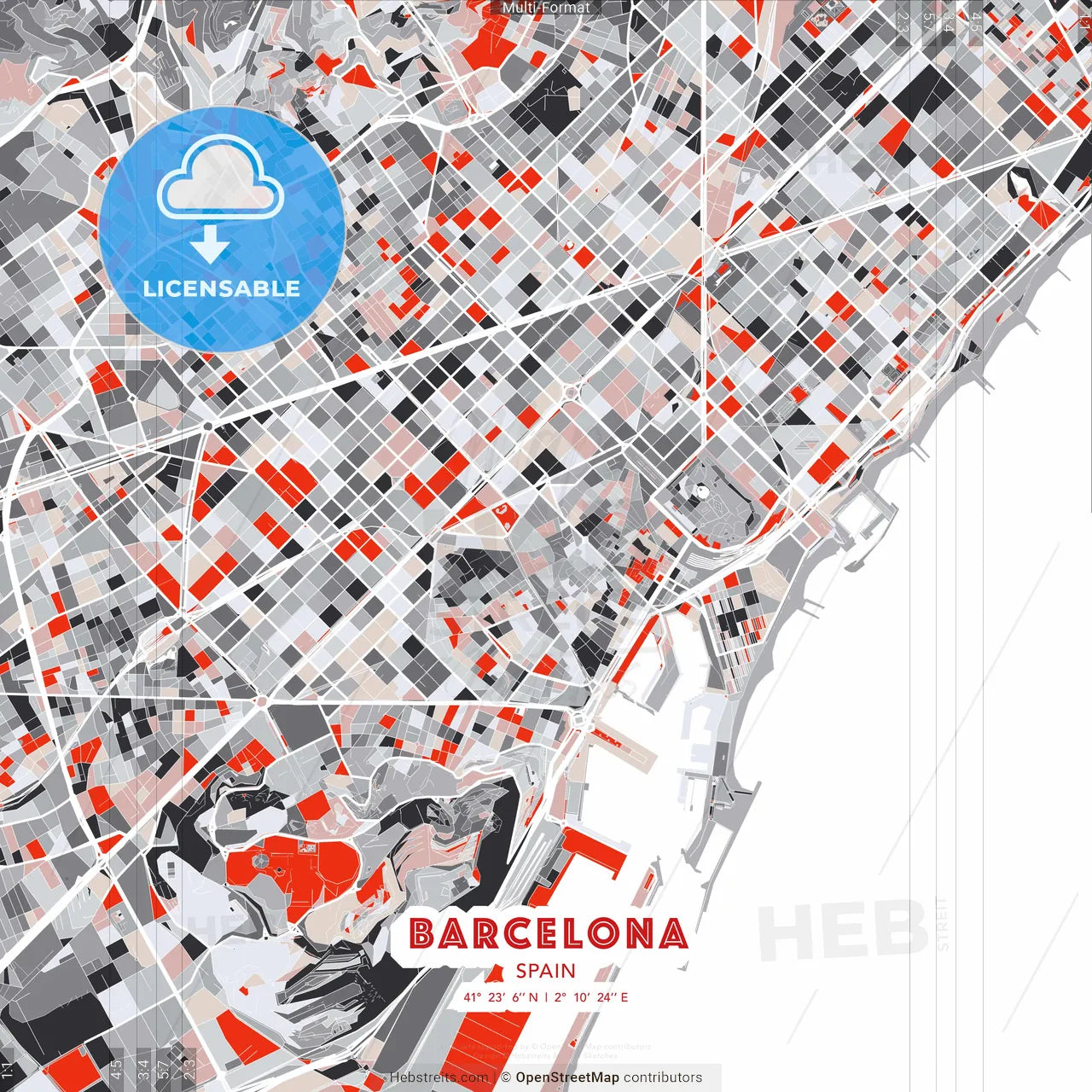 Barcelona, Spain - modern street map poster template with gray and red tones