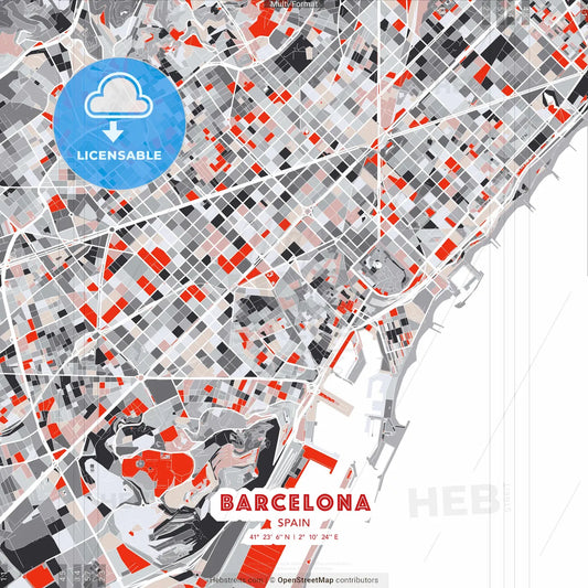 Barcelona, Spain - modern street map poster template with gray and red tones