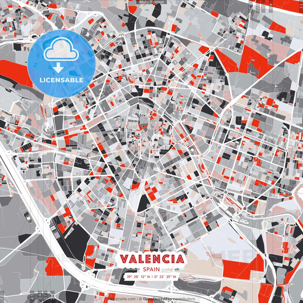 Valencia, Spain - modern street map poster template with gray and red tones
