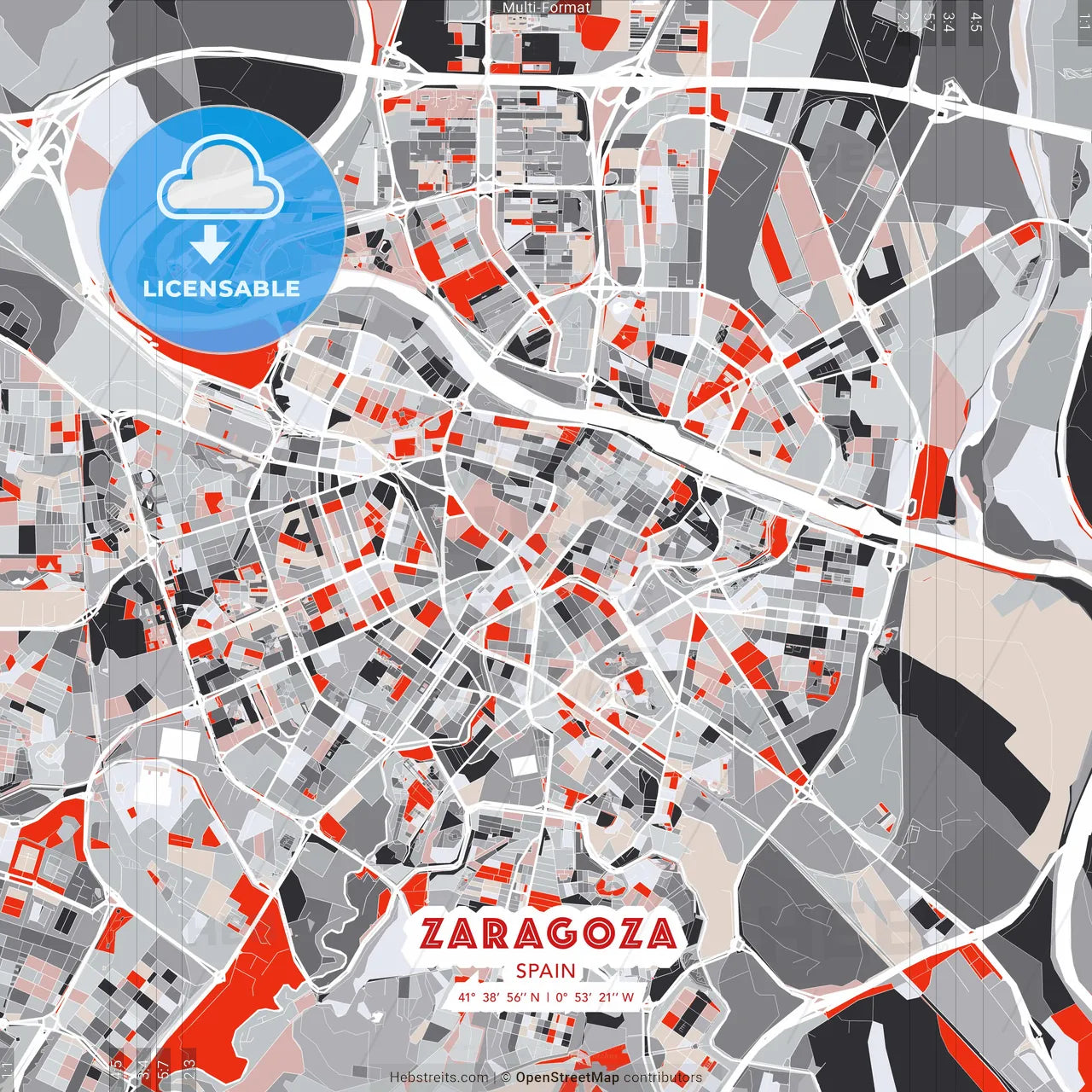 Zaragoza, Spain - modern street map poster template with gray and red tones