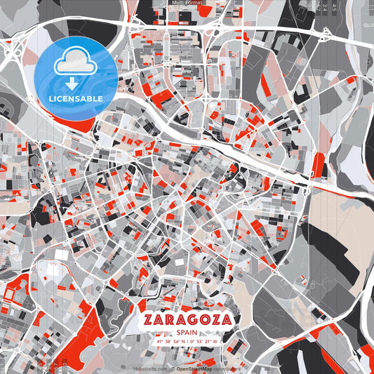 Zaragoza, Spain - modern street map poster template with gray and red tones