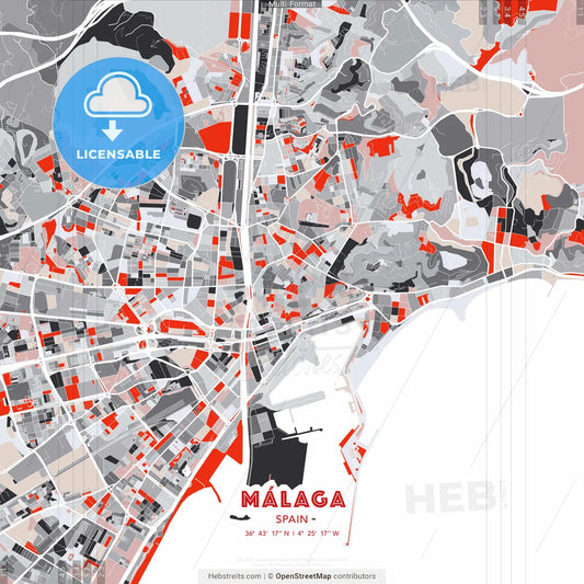 Málaga, Spain - modern street map poster template with gray and red tones