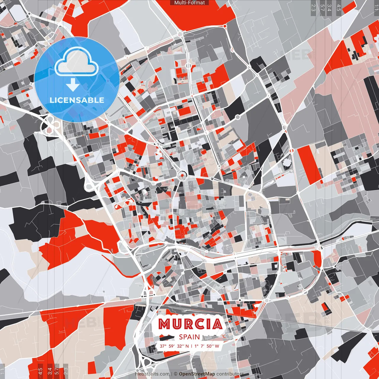 Murcia, Spain - modern street map poster template with gray and red tones