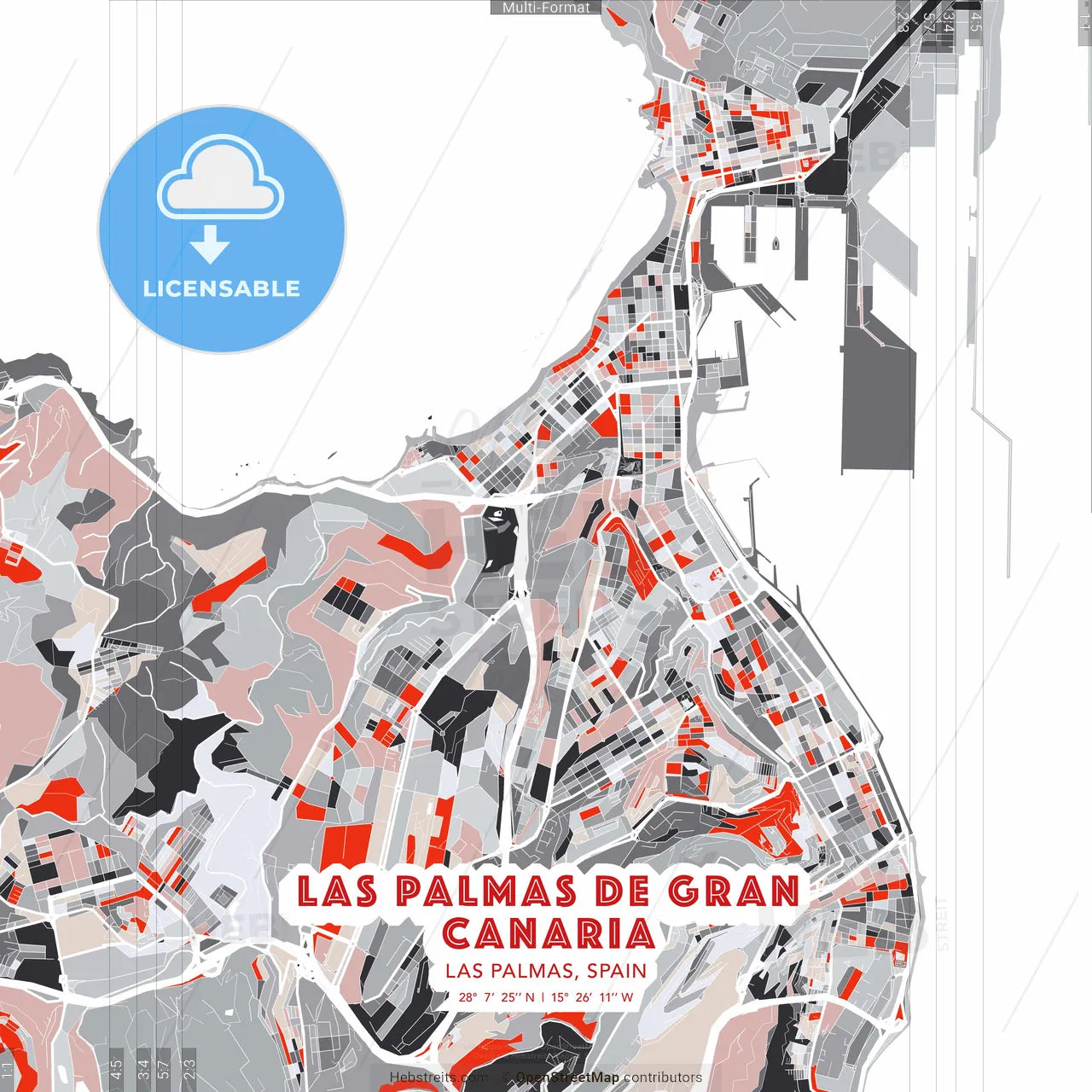 Las Palmas de Gran Canaria, Las Palmas, Spain - modern street map poster template with gray and red tones