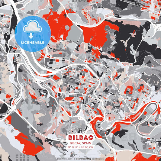 Bilbao, Biscay, Spain - modern street map poster template with gray and red tones