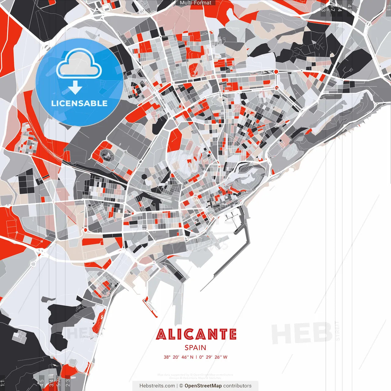 Alicante, Spain - modern street map poster template with gray and red tones