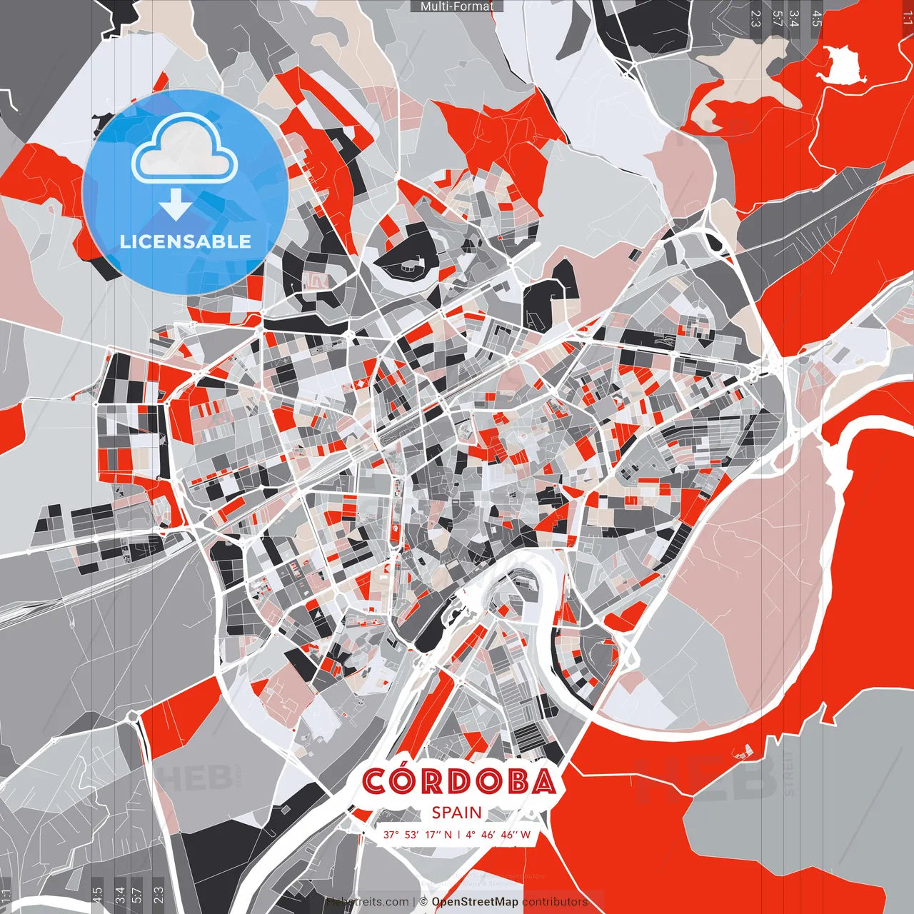 Córdoba, Spain - modern street map poster template with gray and red tones