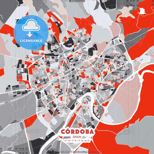 Córdoba, Spain - modern street map poster template with gray and red tones