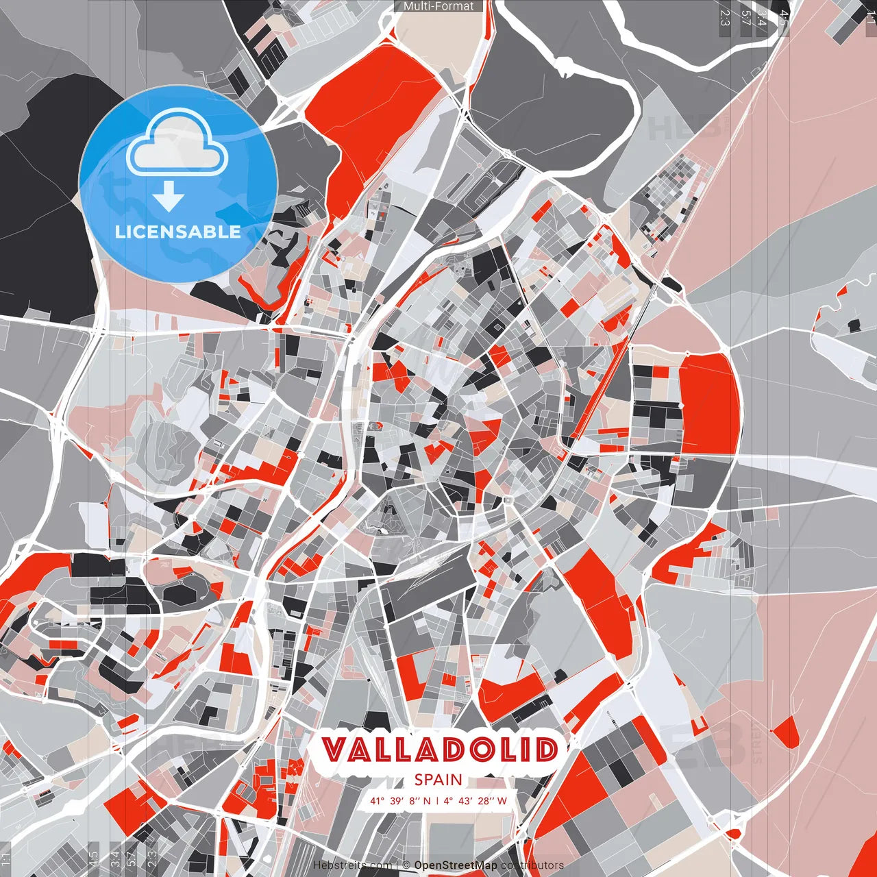 Valladolid, Spain - modern street map poster template with gray and red tones