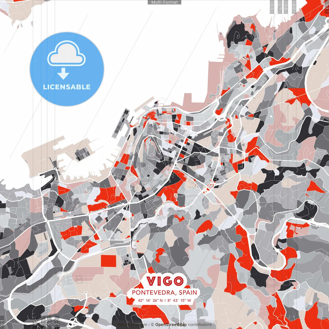 Vigo, Pontevedra, Spain - modern street map poster template with gray and red tones