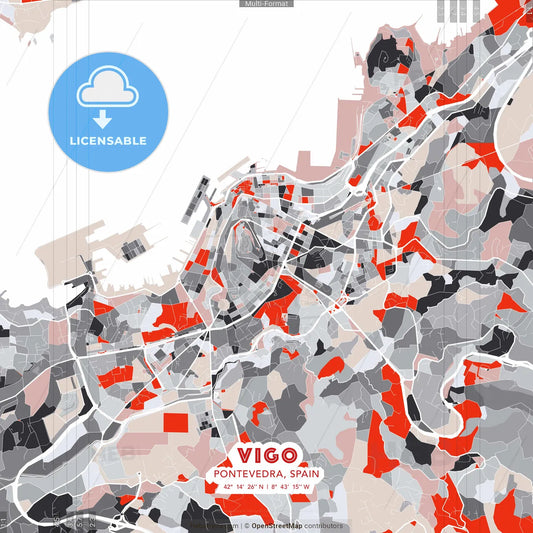 Vigo, Pontevedra, Spain - modern street map poster template with gray and red tones