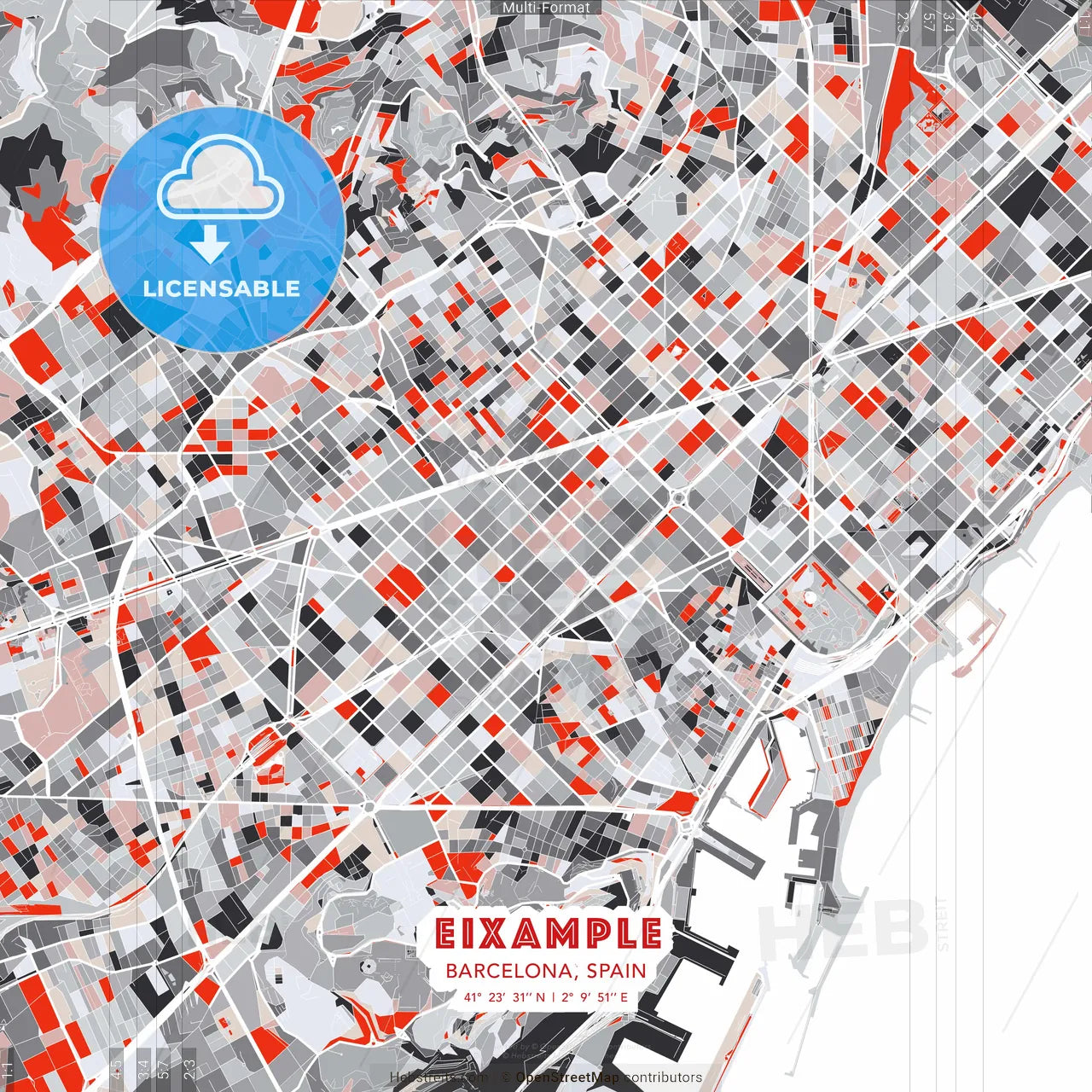 Eixample, Barcelona, Spain - modern street map poster template with gray and red tones