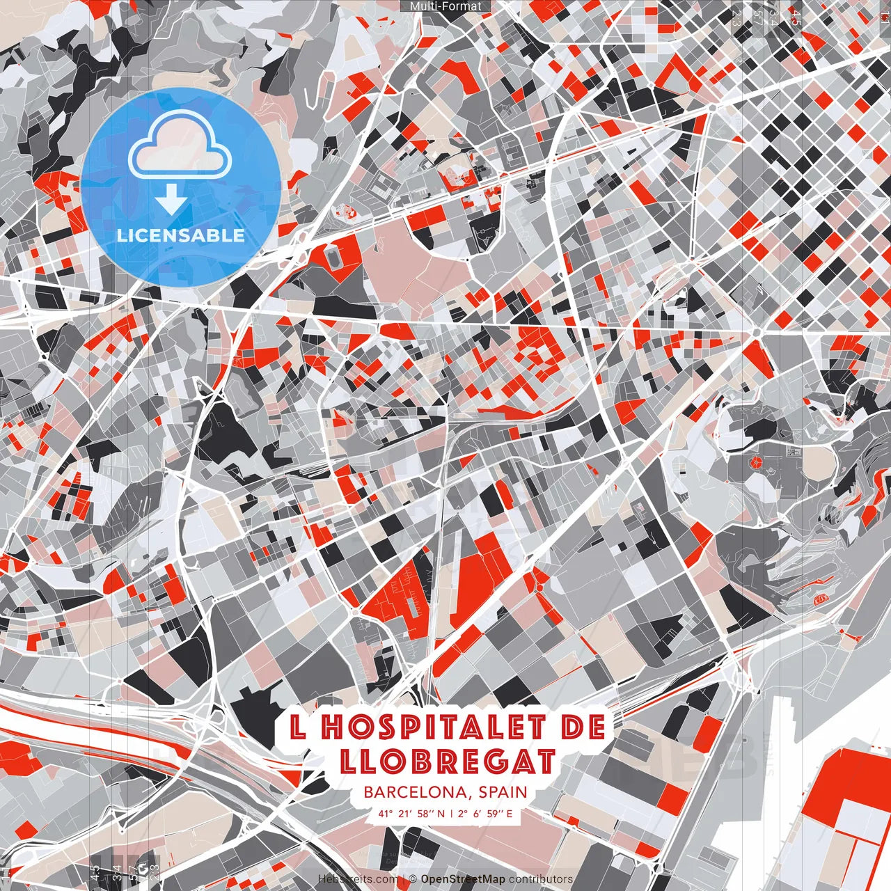 L Hospitalet de Llobregat, Barcelona, Spain - modern street map poster template with gray and red tones