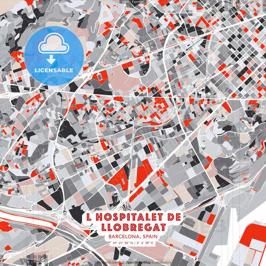 L Hospitalet de Llobregat, Barcelona, Spain - modern street map poster template with gray and red tones