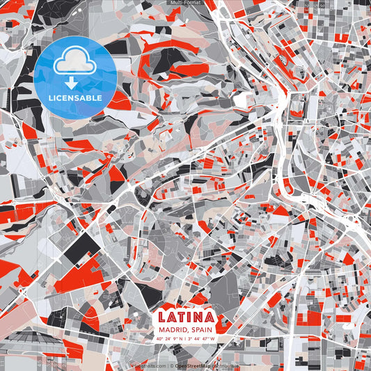 Latina, Madrid, Spain - modern street map poster template with gray and red tones