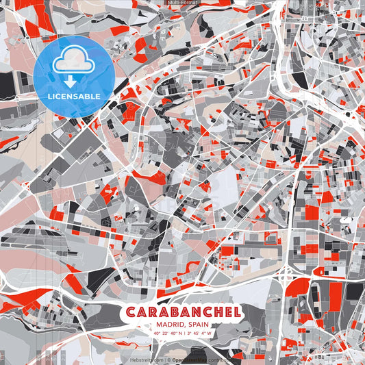Carabanchel, Madrid, Spain - modern street map poster template with gray and red tones