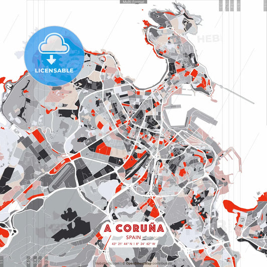 A Coruña, Spain - modern street map poster template with gray and red tones