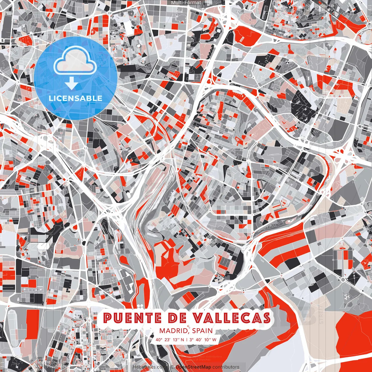 Puente de Vallecas, Madrid, Spain - modern street map poster template with gray and red tones