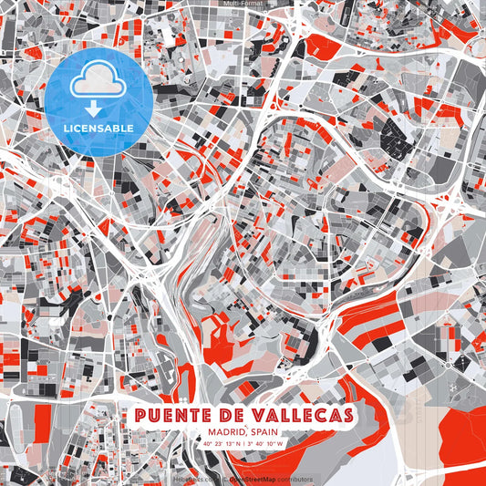 Puente de Vallecas, Madrid, Spain - modern street map poster template with gray and red tones