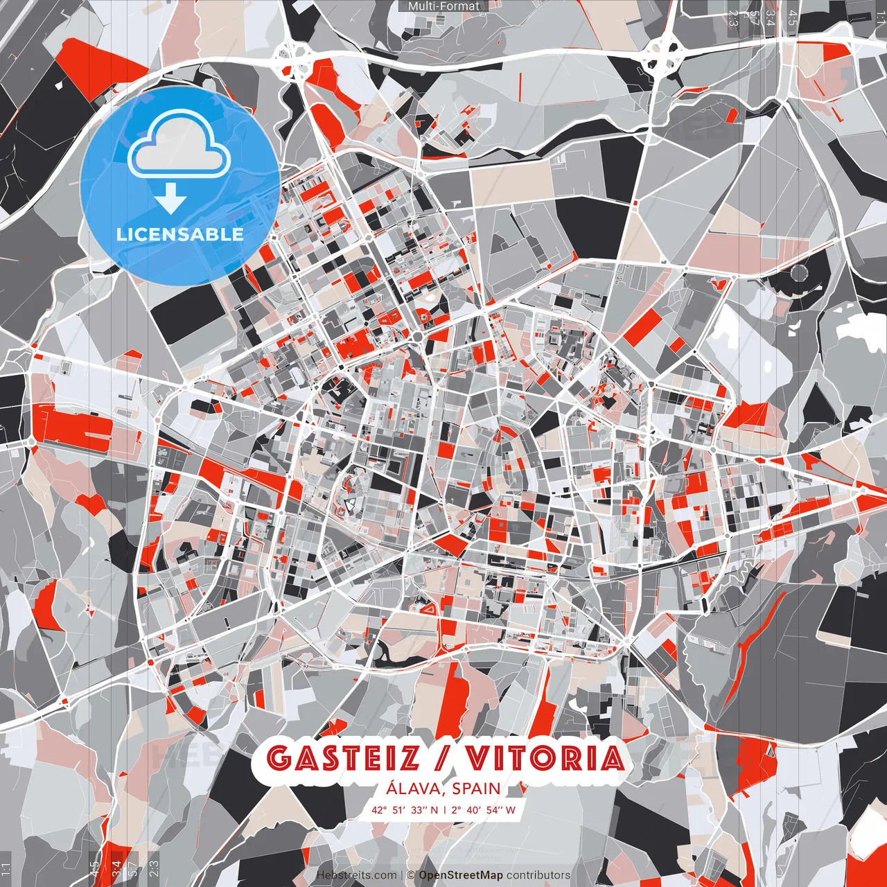 Gasteiz / Vitoria, Álava, Spain - modern street map poster template with gray and red tones