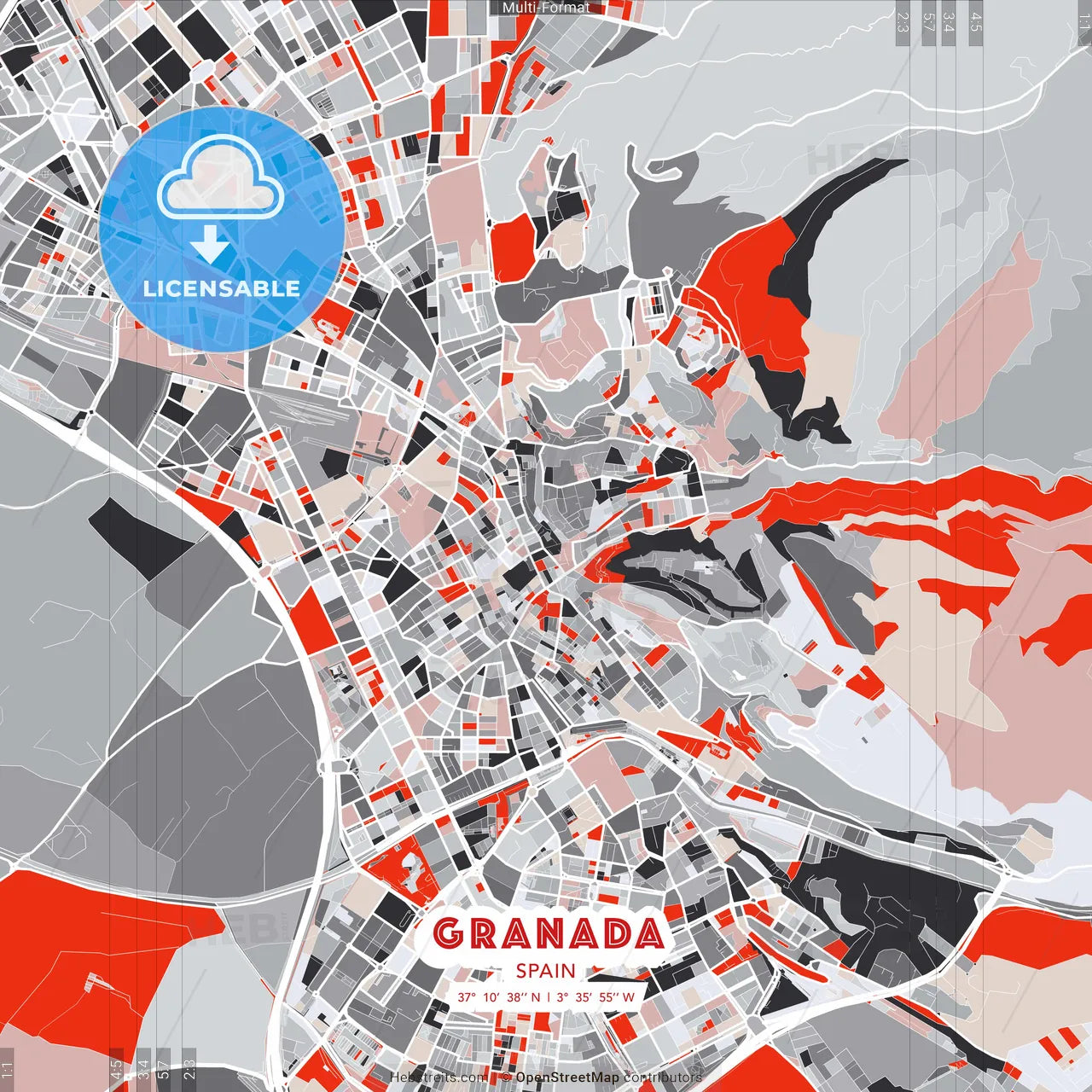 Granada, Spain - modern street map poster template with gray and red tones