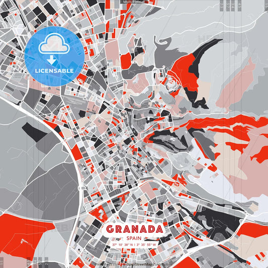 Granada, Spain - modern street map poster template with gray and red tones