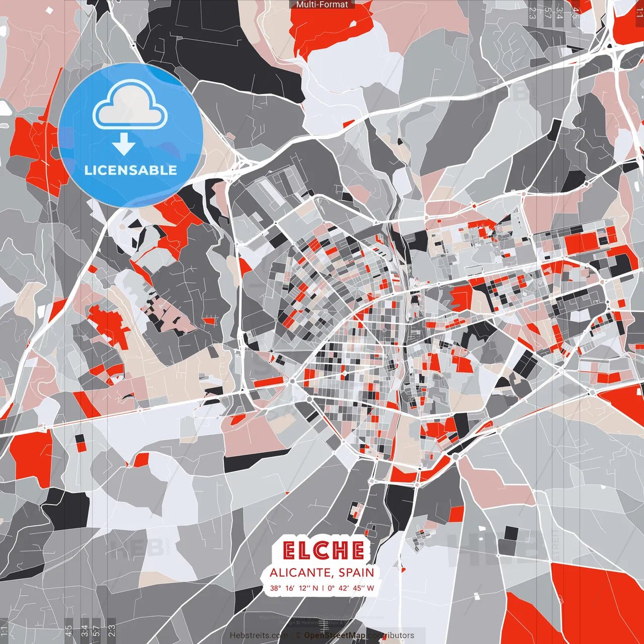 Elche, Alicante, Spain - modern street map poster template with gray and red tones