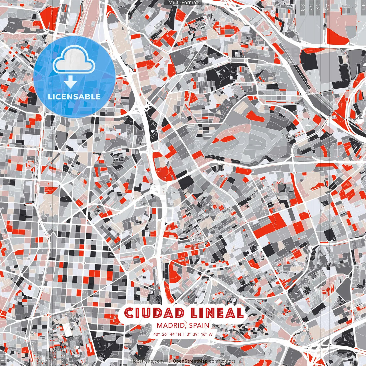 Ciudad Lineal, Madrid, Spain - modern street map poster template with gray and red tones