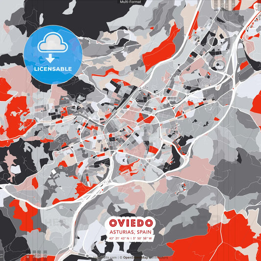 Oviedo, Asturias, Spain - modern street map poster template with gray and red tones