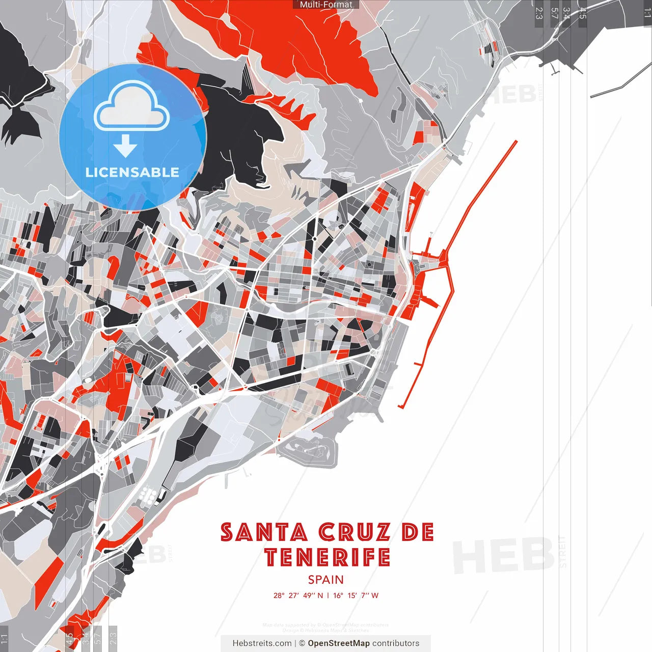 Santa Cruz de Tenerife, Spain - modern street map poster template with gray and red tones