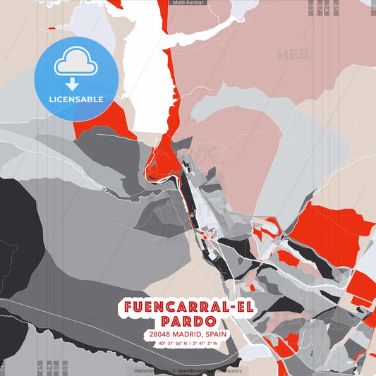 Fuencarral-El Pardo, 28048 Madrid, Spain - modern street map poster template with gray and red tones