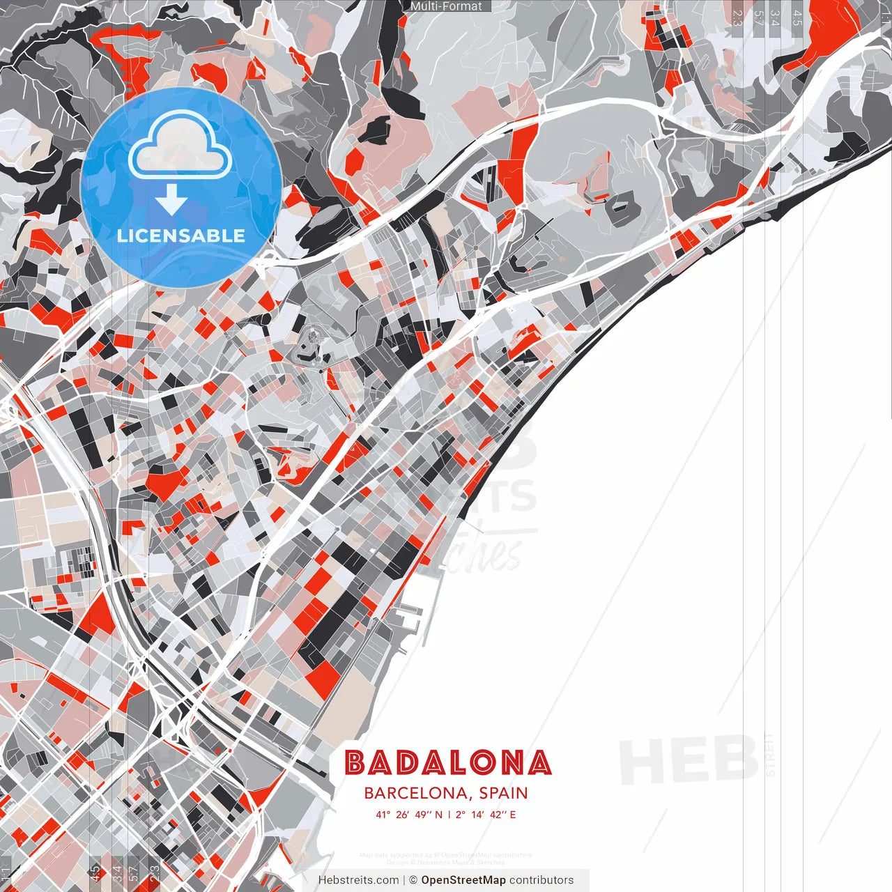 Badalona, Barcelona, Spain - modern street map poster template with gray and red tones