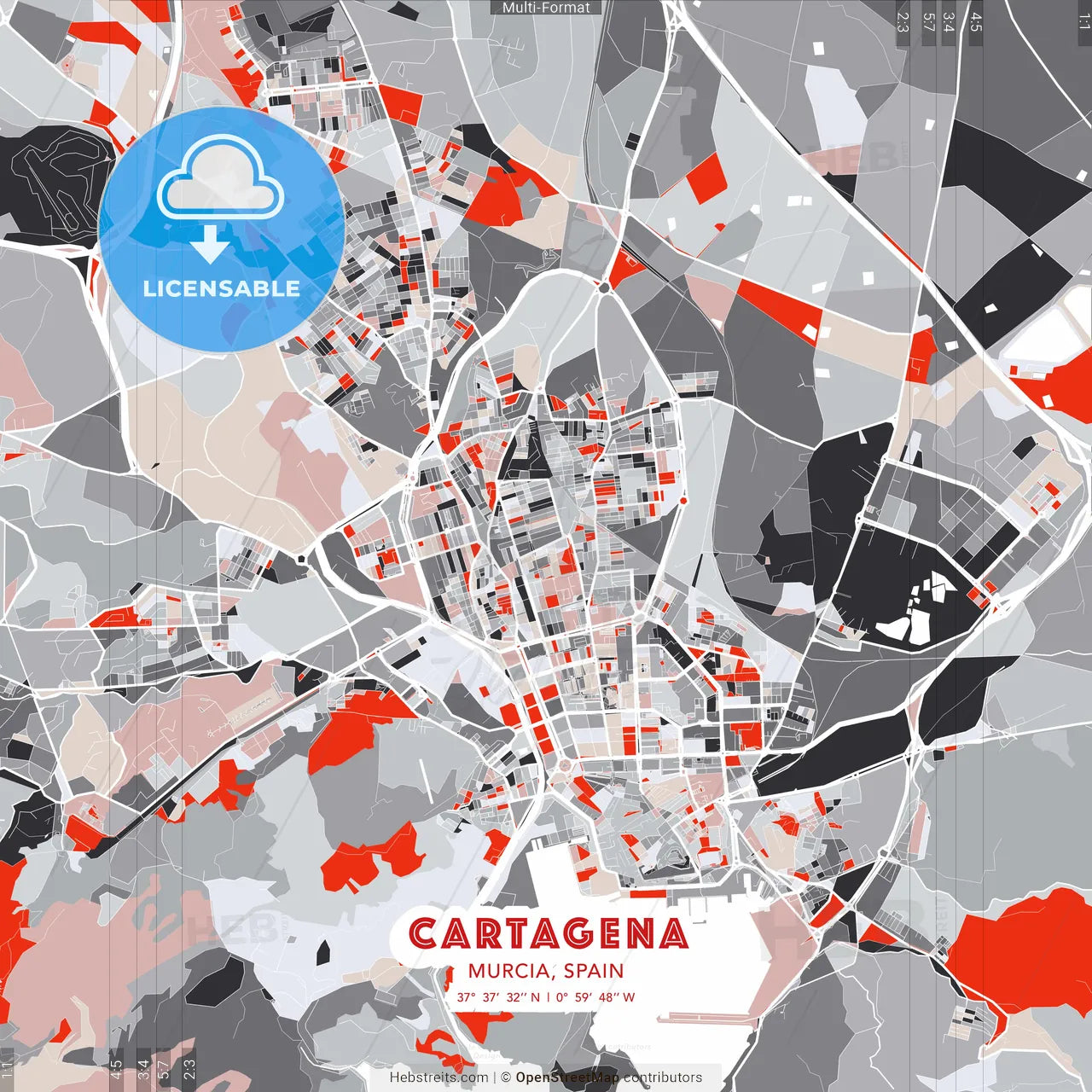 Cartagena, Murcia, Spain - modern street map poster template with gray and red tones