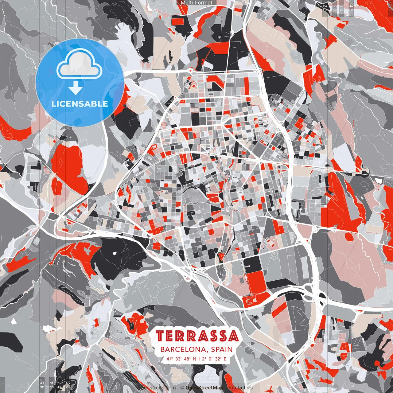 Terrassa, Barcelona, Spain - modern street map poster template with gray and red tones
