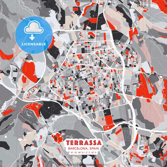 Terrassa, Barcelona, Spain - modern street map poster template with gray and red tones