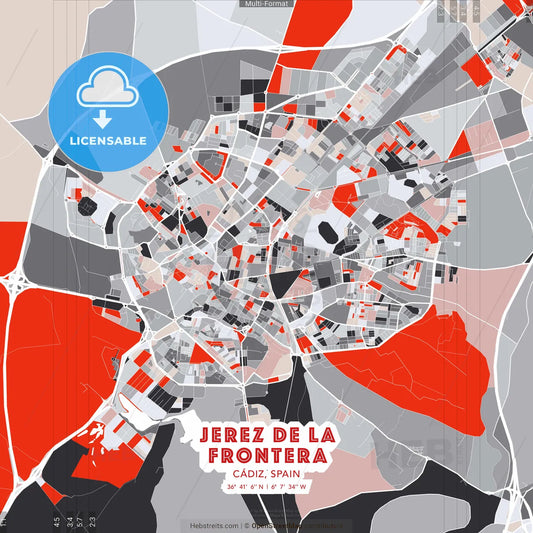 Jerez de la Frontera, Cádiz, Spain - modern street map poster template with gray and red tones