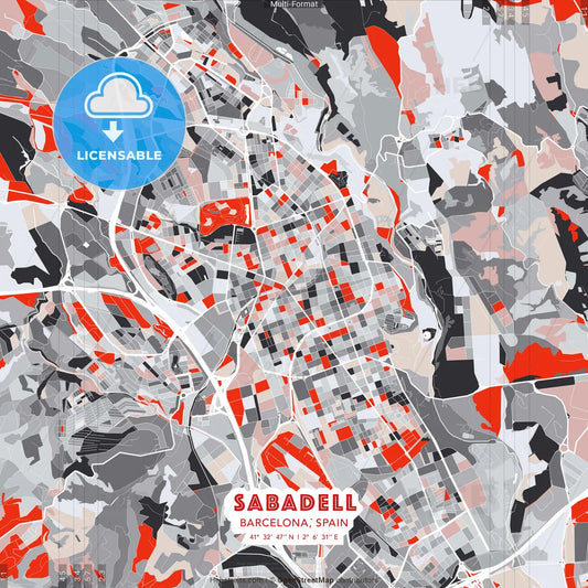 Sabadell, Barcelona, Spain - modern street map poster template with gray and red tones
