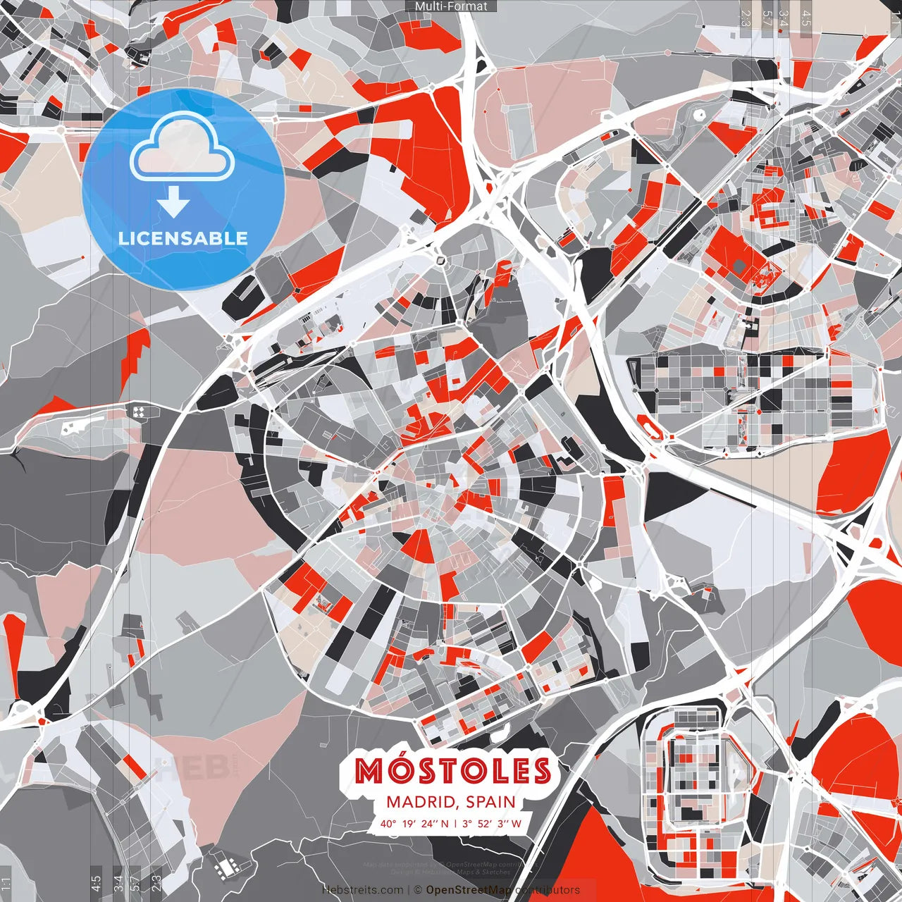 Móstoles, Madrid, Spain - modern street map poster template with gray and red tones