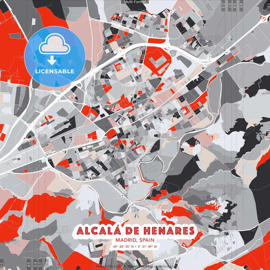 Alcalá de Henares, Madrid, Spain - modern street map poster template with gray and red tones