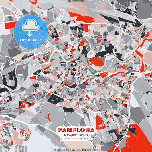 Pamplona, Navarre, Spain - modern street map poster template with gray and red tones