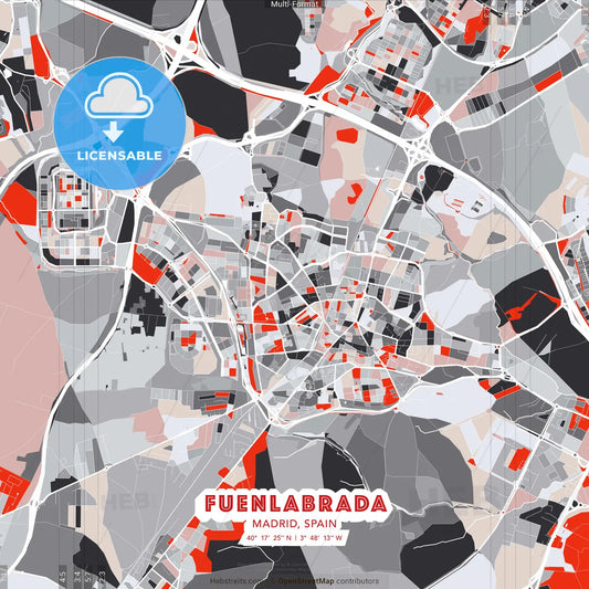 Fuenlabrada, Madrid, Spain - modern street map poster template with gray and red tones