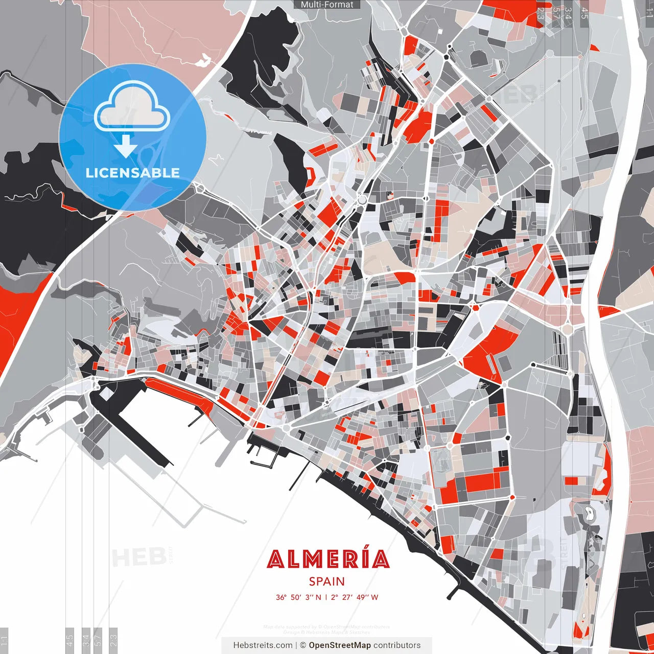 Almería, Spain - modern street map poster template with gray and red tones