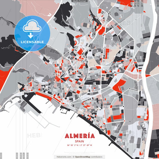 Almería, Spain - modern street map poster template with gray and red tones