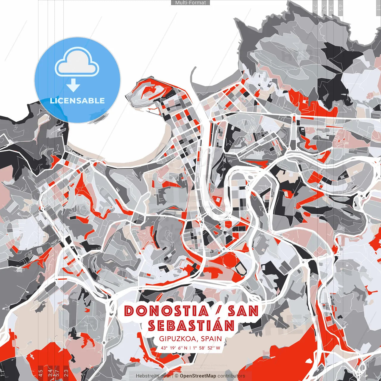 Donostia / San Sebastián, Gipuzkoa, Spain - modern street map poster template with gray and red tones