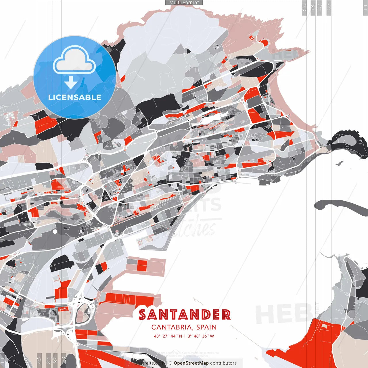 Santander, Cantabria, Spain - modern street map poster template with gray and red tones