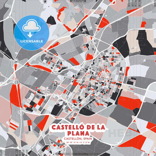 Castelló de la Plana, Castellón, Spain - modern street map poster template with gray and red tones