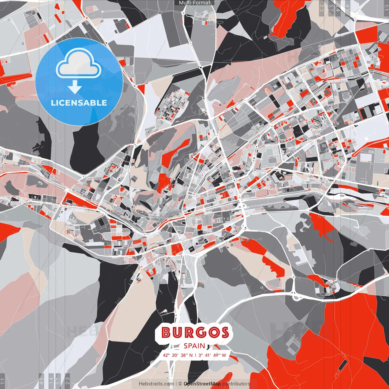 Burgos, Spain - modern street map poster template with gray and red tones