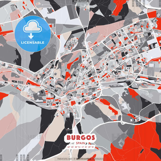Burgos, Spain - modern street map poster template with gray and red tones