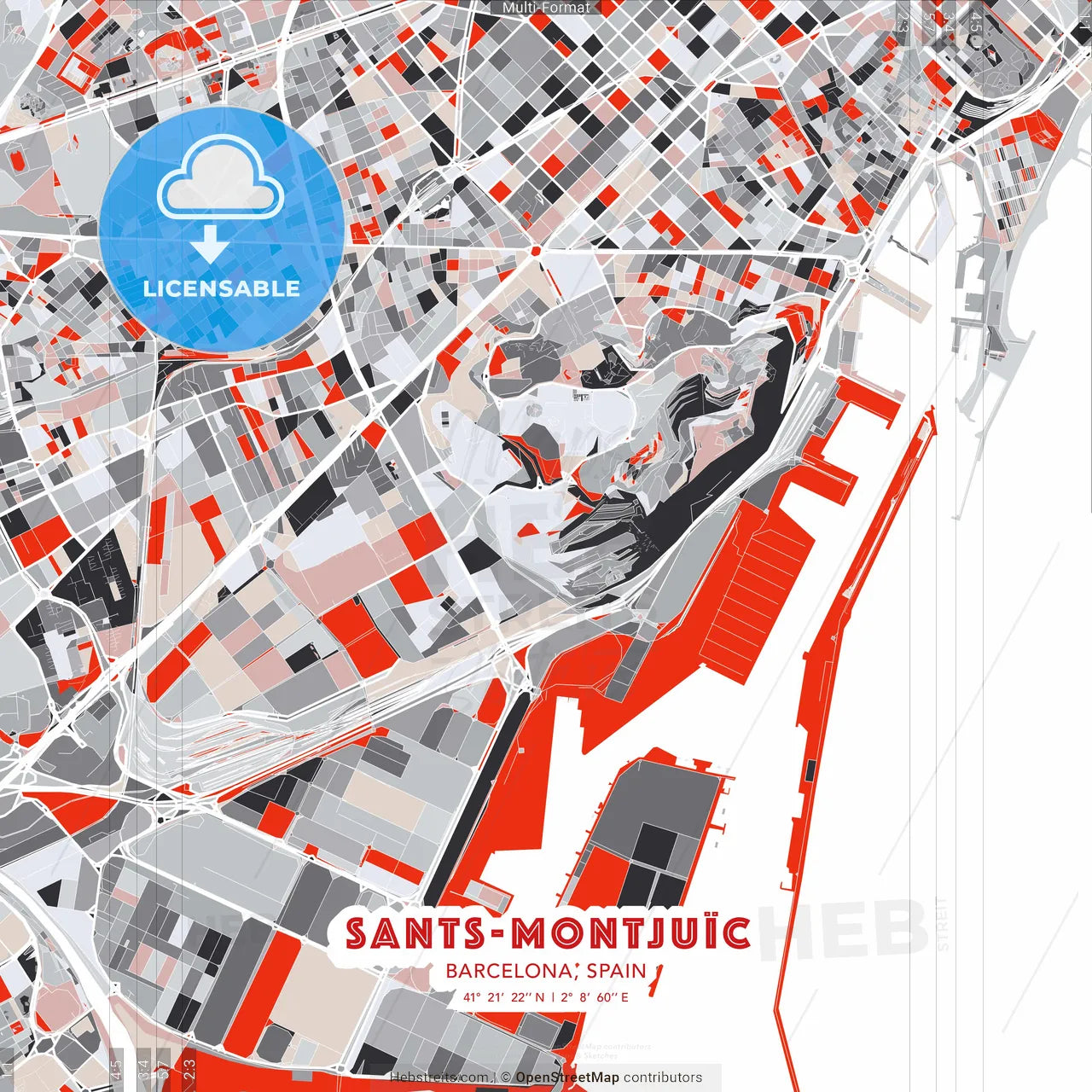Sants-Montjuïc, Barcelona, Spain - modern street map poster template with gray and red tones